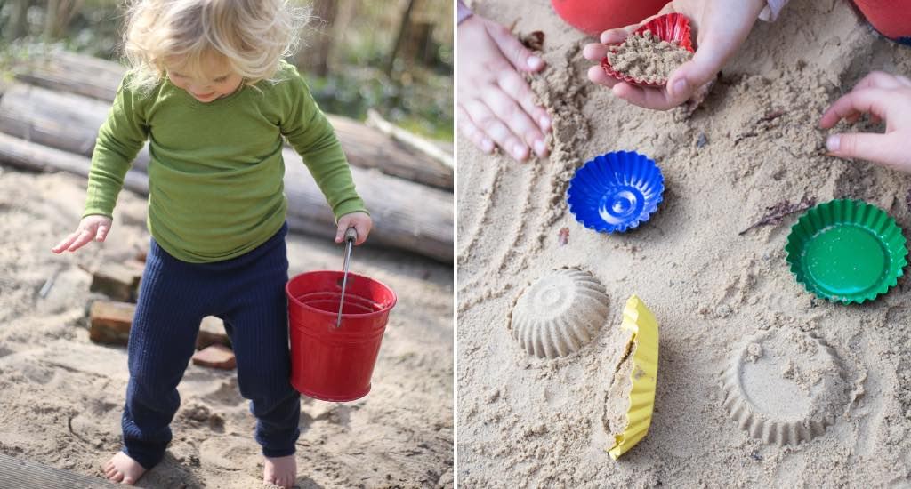 Kind spielt mit plastikfreien Sandformen aus Metall.