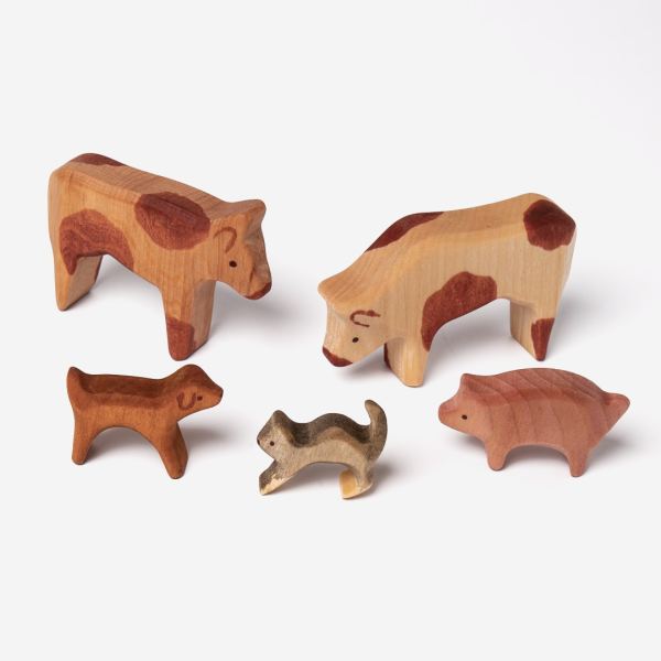 Tierset 5-teilig: Kühe, Schwein, Hund, Katze aus Holz von Decor