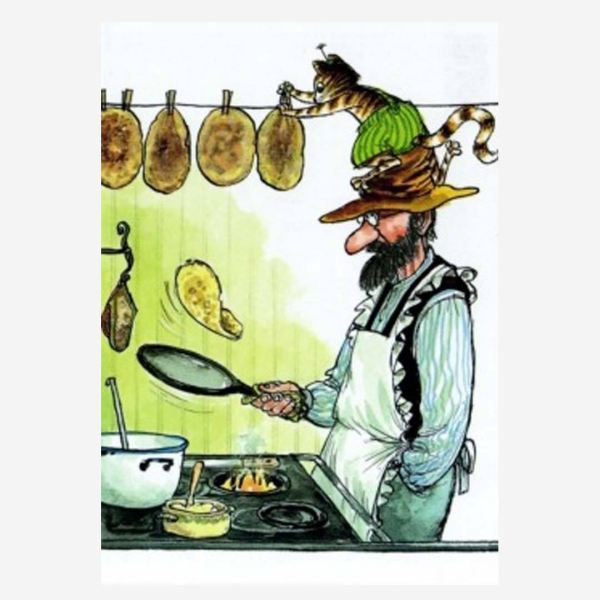Postkarte „Findus und Petterson machen Pfannkuchen“ von Sven Nordkvist