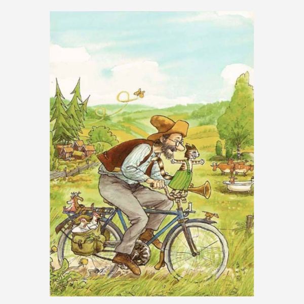 Postkarte „Findus und Petterson Fahrrad“ von Sven Nordkvist