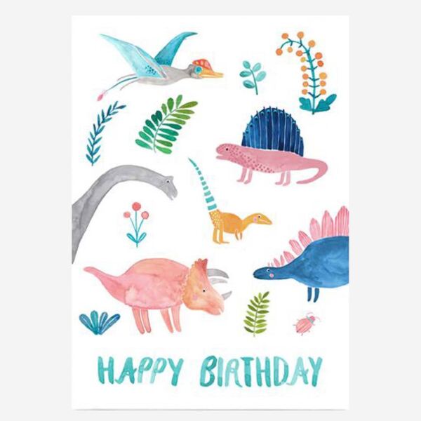 Postkarte „Happy Birthday“ mit Dinos von Frau Ottilie