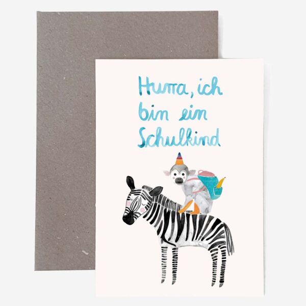 Grußkarte „Hurra, ich bin ein Schulkind“ mit Zebra von Frau Ottilie