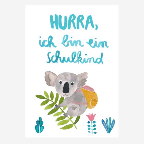 Postkarte „Hurra, ich bin ein Schulkind“ mit Koala von Frau Ottilie