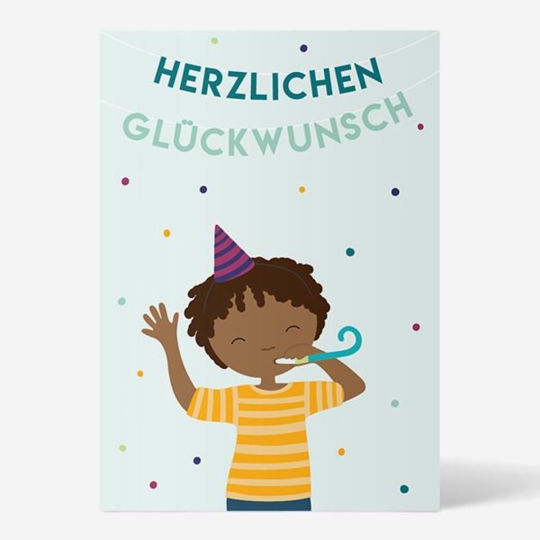 Postkarte zum Geburtstag mit „Herzlichen Glückwunsch“ in blau von ellou, liebevoll illustriert von Anica Korte.