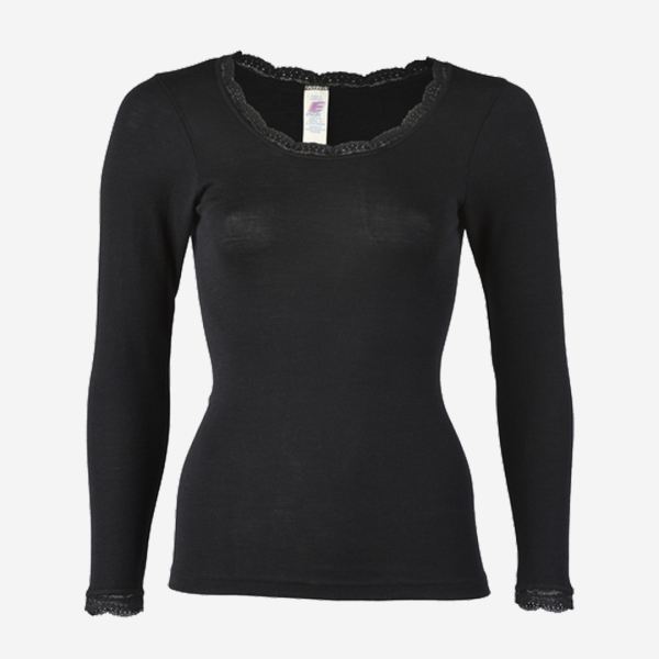 Damen Shirt langarm mit Spitze von Engel aus Wolle/Seide in schwarz