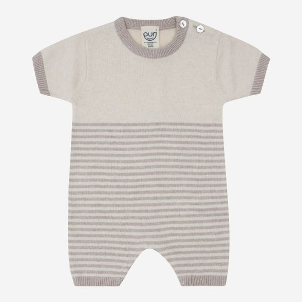 Baby Kurzoverall von Puri Organics aus Bio-Baumwolle und Seide in tan-natur geringelt