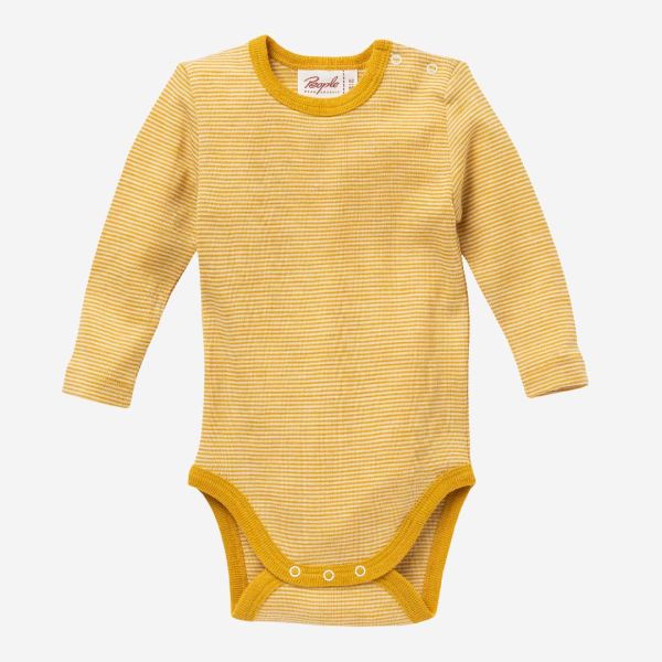 Baby Body von People Wear Organic aus Wolle/Seide in senfgelb geringelt