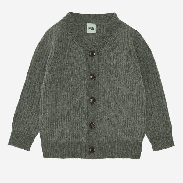 Kinder Grobstrick Strickjacke mit V-Ausschnitt von FUB aus Wolle in moss melange