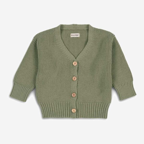 Kinder Grobstrick Cardigan von Halfen aus Merinowolle in olive