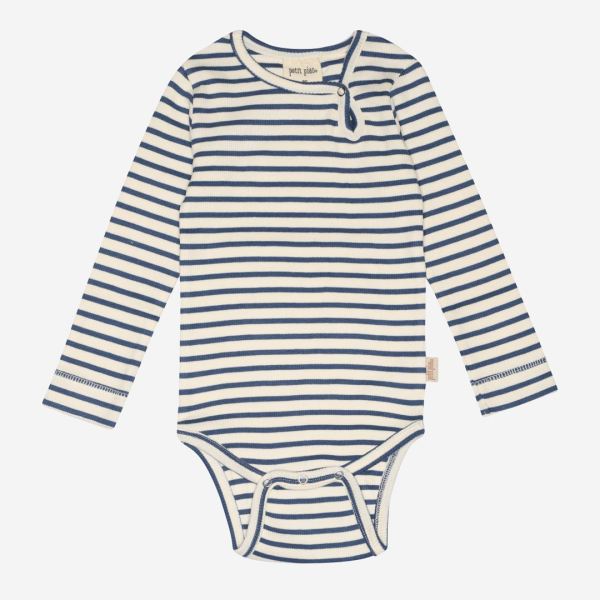 Baby Langarm Body von Petit Piao aus Bio-Baumwolle/Modal in Ringel moonlight blue/offwhite