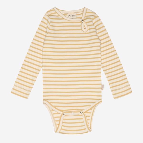 Baby Langarm Body von Petit Piao aus Bio-Baumwolle/Modal in Ringel yellow corn/offwhite