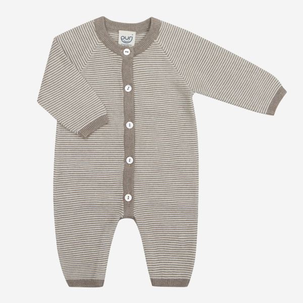 Baby Spielanzug Krausstrick von Puri Organics aus Bio-Baumwolle und Seide in taupe geringelt