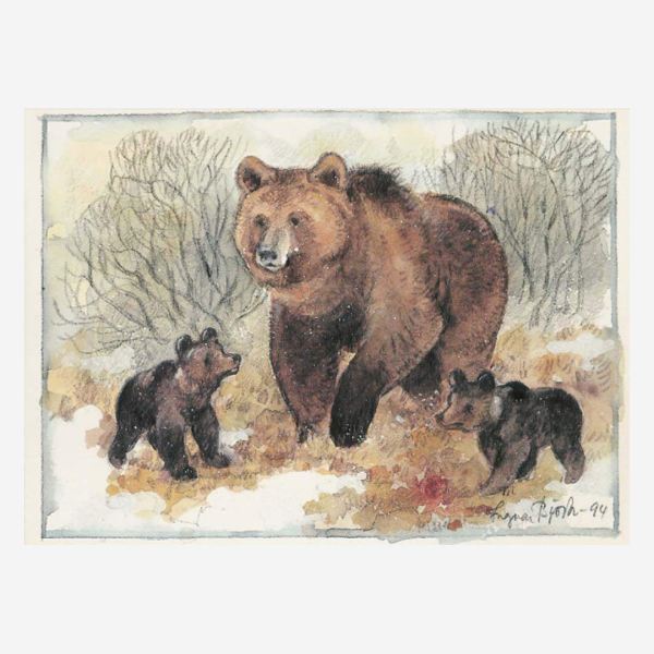 Postkarte „Bärenmutter mit Jungen von Ingvar Björk
